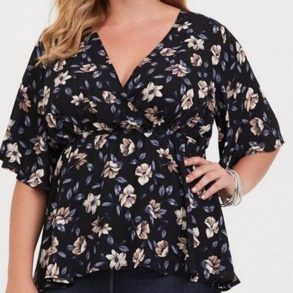 Torrid black and blue floral surplice babydoll peplum blouse plus size 2 2X - Picture 1 of 10